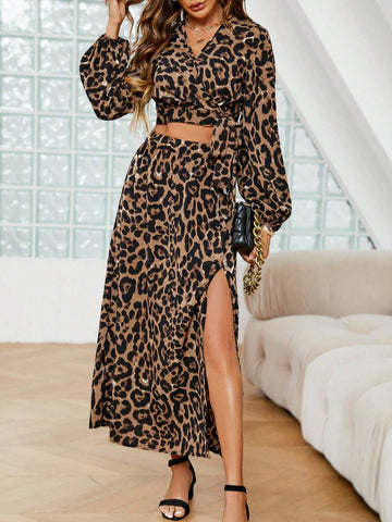 Leopard Print Lantern Sleeve Crop Top & Split Thigh Skirt