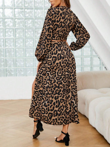 Leopard Print Lantern Sleeve Crop Top & Split Thigh Skirt