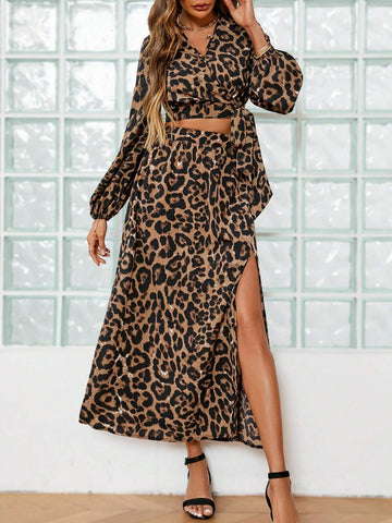 Leopard Print Lantern Sleeve Crop Top & Split Thigh Skirt