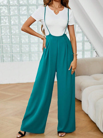 Notched Neck Tee & Plicated Detail Wide Leg Suspender Pants