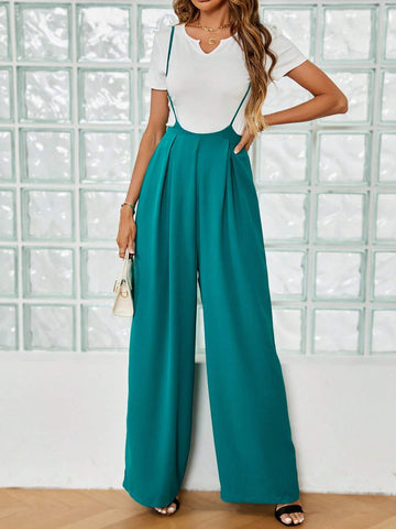 Notched Neck Tee & Plicated Detail Wide Leg Suspender Pants