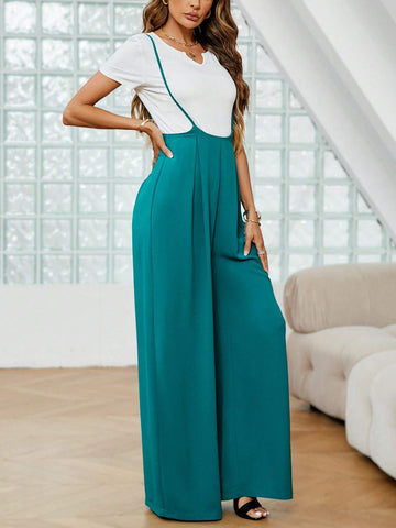 Notched Neck Tee & Plicated Detail Wide Leg Suspender Pants