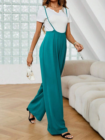 Notched Neck Tee & Plicated Detail Wide Leg Suspender Pants