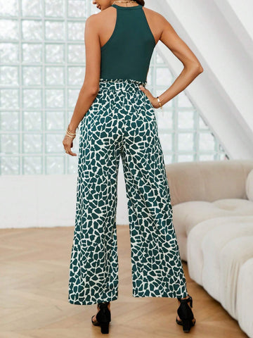 Solid Halter Top & Graphic Print Wide Leg Pants