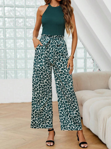 Solid Halter Top & Graphic Print Wide Leg Pants