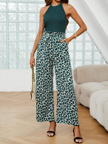 Solid Halter Top & Graphic Print Wide Leg Pants