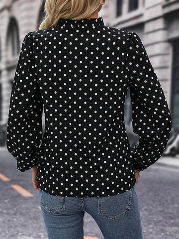 Polka Dot Print Lantern Sleeve Blouse