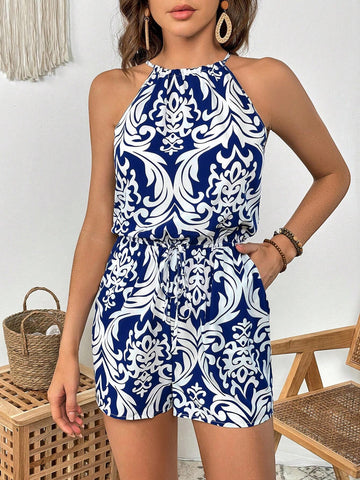 Allover Print Halter Neck Slant Pocket Cami Romper