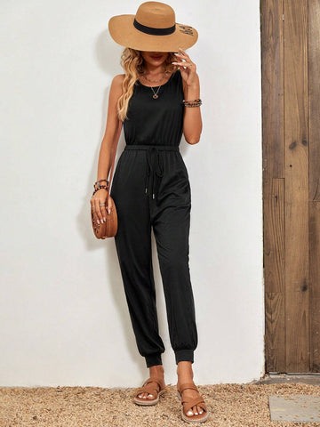 Solid Drawstring Waist Slant Pocket Tank Jumpsuit
