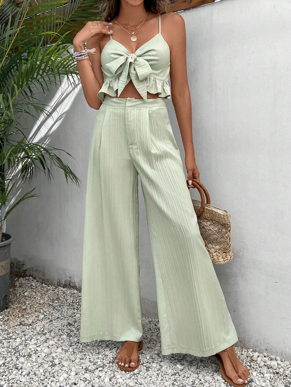 Knot Front Ruffle Hem Cami Top & Wide Leg Pants