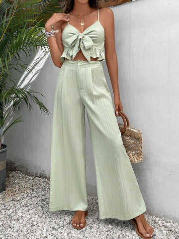 Knot Front Ruffle Hem Cami Top & Wide Leg Pants