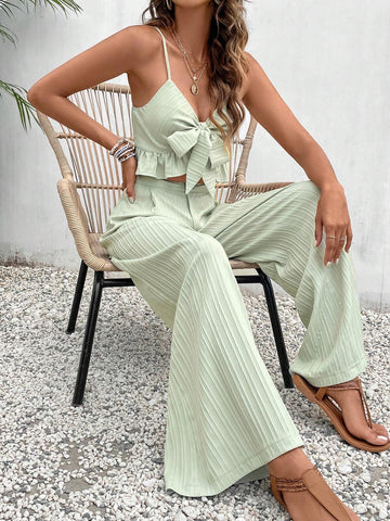 Knot Front Ruffle Hem Cami Top & Wide Leg Pants