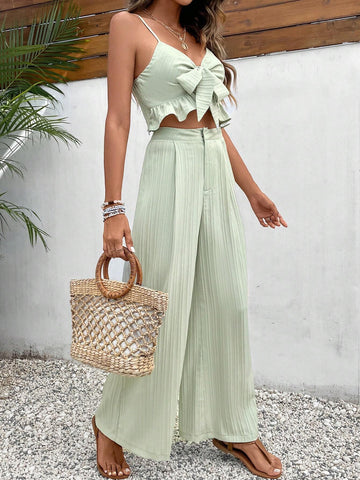 Knot Front Ruffle Hem Cami Top & Wide Leg Pants