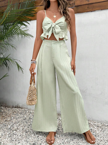 Knot Front Ruffle Hem Cami Top & Wide Leg Pants