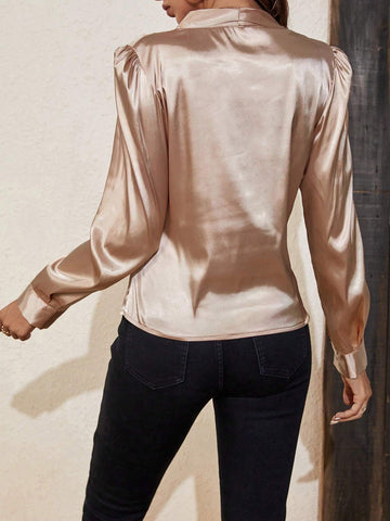 Solid Surplice Neck Puff Sleeve Satin Blouse