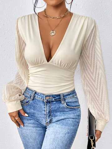 Plunging Neck Lantern Sleeve Bodysuit