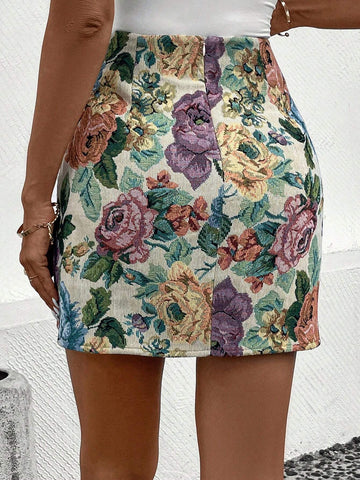 High Waist Floral Print Straight Skirt
