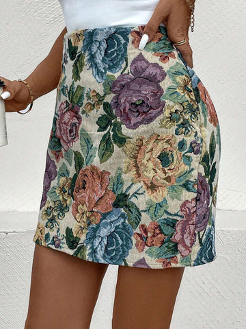 High Waist Floral Print Straight Skirt