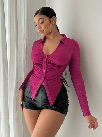 Ruched Button Front Asymmetrical Hem Tee