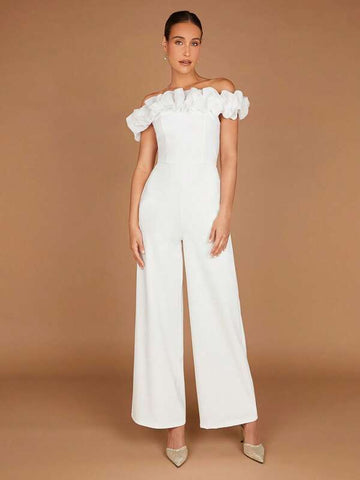 Belle Off Shoulder Ruffle Trim Wide Leg Jumpsuit