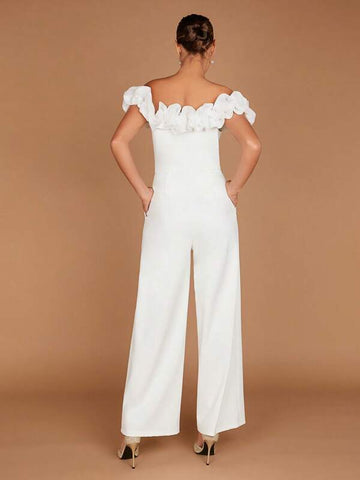 Belle Off Shoulder Ruffle Trim Wide Leg Jumpsuit