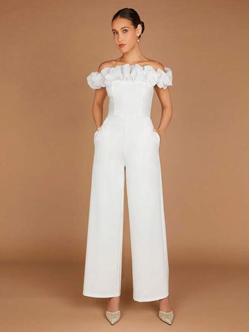 Belle Off Shoulder Ruffle Trim Wide Leg Jumpsuit