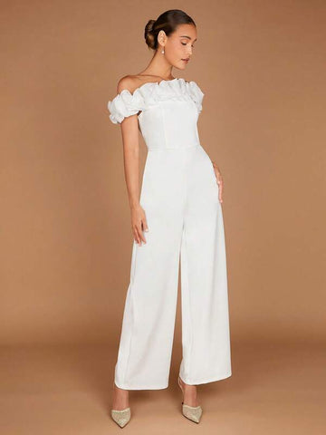Belle Off Shoulder Ruffle Trim Wide Leg Jumpsuit