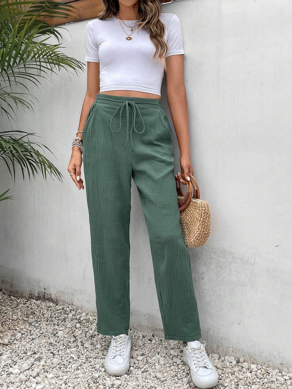 Frenchy Drawstring Waist Straight Leg Pants