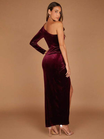 Belle One Shoulder Ruched Split Thigh Velvet Bridesmaid Dress