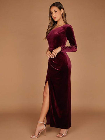 Belle One Shoulder Ruched Split Thigh Velvet Bridesmaid Dress