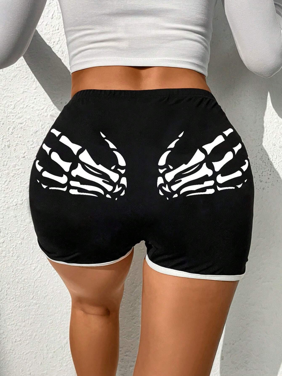 Skeleton Hand Print Contrast Binding Shorts