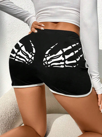Skeleton Hand Print Contrast Binding Shorts