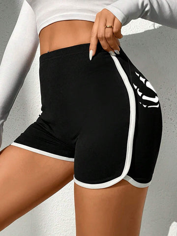 Skeleton Hand Print Contrast Binding Shorts