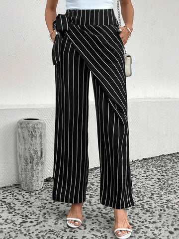 Striped Print Knot Side Wrap Hem Pants