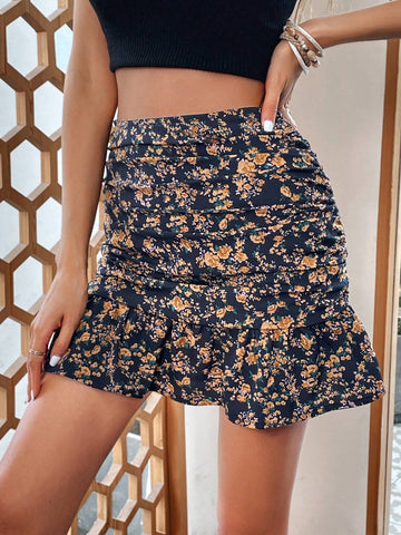 VCAY Floral Print Ruched Ruffle Hem Skirt