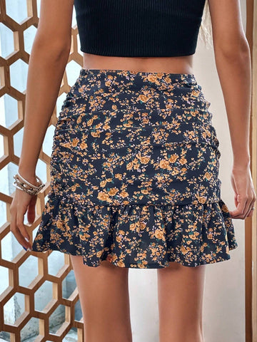 VCAY Floral Print Ruched Ruffle Hem Skirt