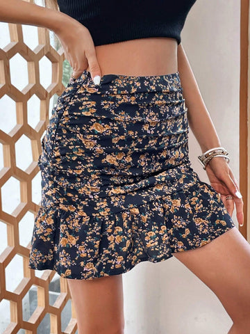 VCAY Floral Print Ruched Ruffle Hem Skirt