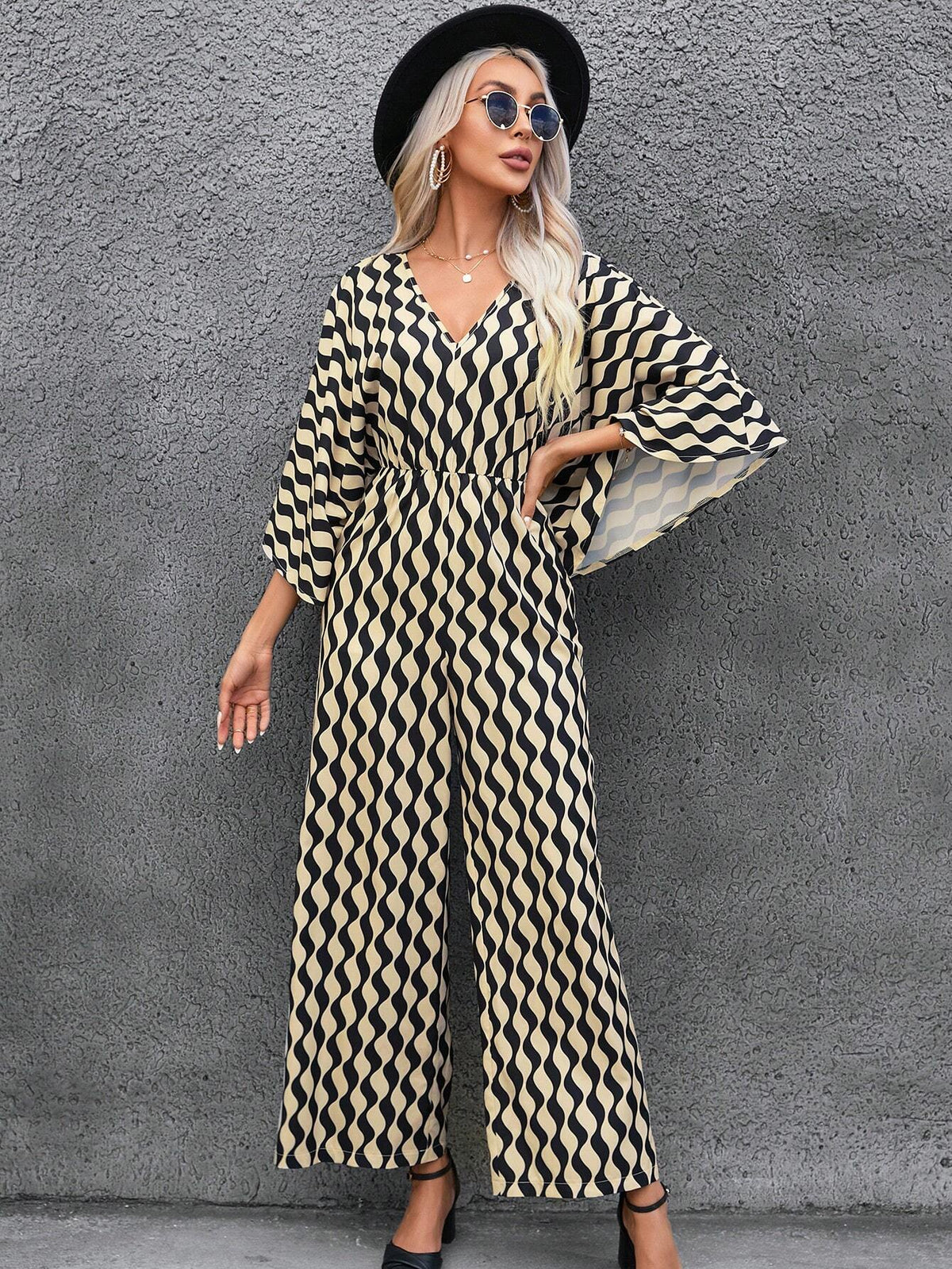 Allover Print Batwing Sleeve Wide Leg Jumpsuit