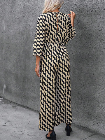 Allover Print Batwing Sleeve Wide Leg Jumpsuit