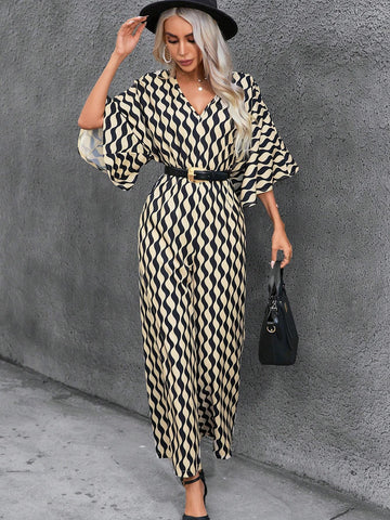 Allover Print Batwing Sleeve Wide Leg Jumpsuit