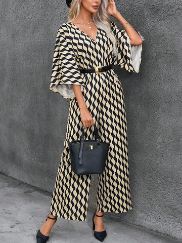 Allover Print Batwing Sleeve Wide Leg Jumpsuit