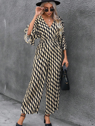 Allover Print Batwing Sleeve Wide Leg Jumpsuit