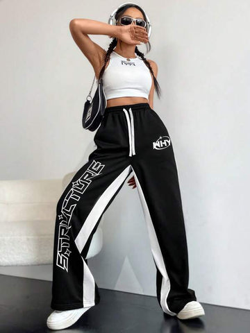 Coolane Letter Graphic Drawstring Waist Wide Leg Pants