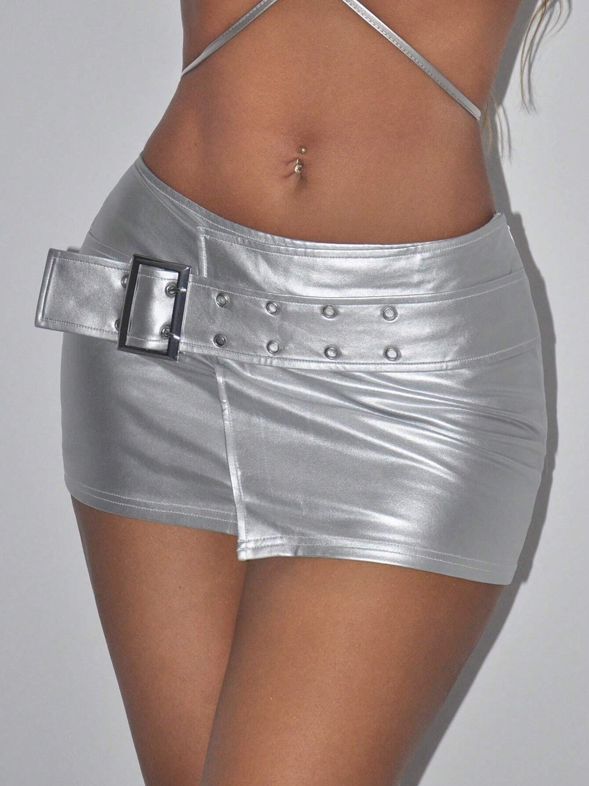 ICON Low Rise Buckle Belted Metallic Bodycon Skirt