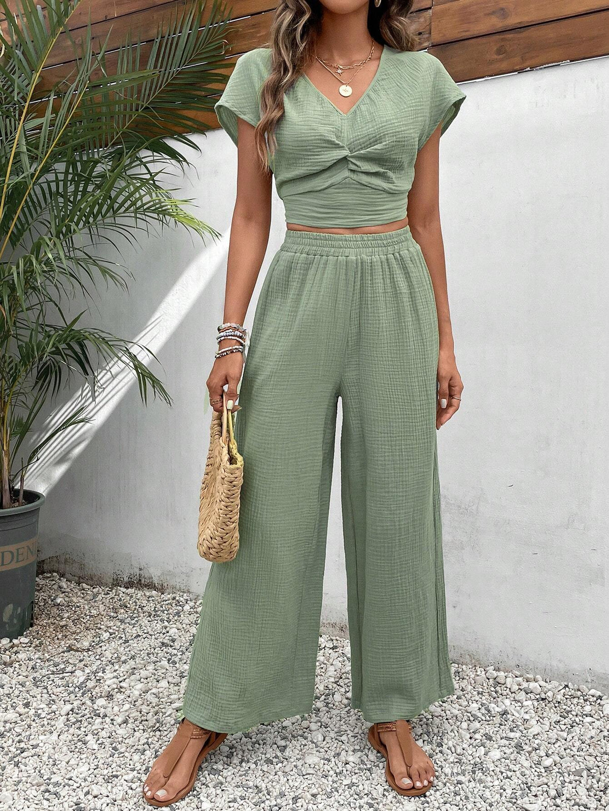 Solid Batwing Sleeve Crop Top & Wide Leg Pants