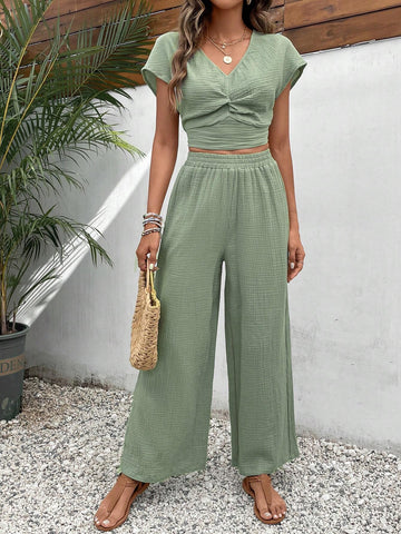 Solid Batwing Sleeve Crop Top & Wide Leg Pants