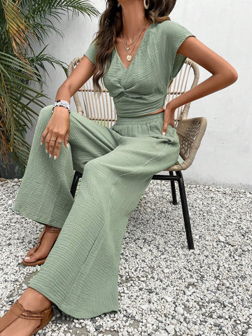 Solid Batwing Sleeve Crop Top & Wide Leg Pants