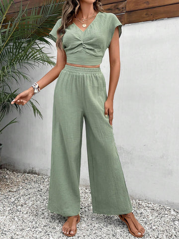 Solid Batwing Sleeve Crop Top & Wide Leg Pants