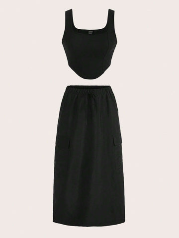 Solid Crop Tank Top & Flap Pocket Skirt