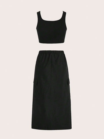 Solid Crop Tank Top & Flap Pocket Skirt